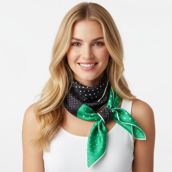 Vintage BILL BLASS Silk Polka Dot Scarf Black Green White Designer Tie Square - Picture 6 of 7